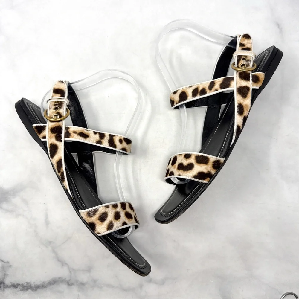 YSL Yves Saint Laurent Vintage Y2K Leopard Calf Hair Leather Flat Sandals Black
